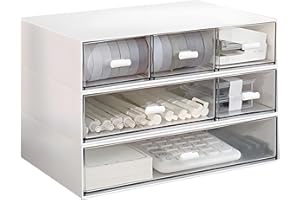 WIKSITE Desktop Organizer, Stackable Organizer Desktop Drawers, Plastic Storage Drawers, Desktop Storage Box Drawer for Collection Small Item/Cosmetic Office Organization-6 Drawers (White) Large Capacity