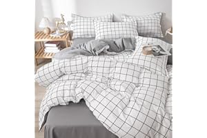 Michorinee Pościel w kratkę 140 x 200 cm, czarno-biała, z mikrofibry, dwustronna, szaro-biała, wzór karo, poszewka na kołdrę z zamkiem błyskawicznym, 140 x 200 cm + 70 x 90 cm, 2-częściowy