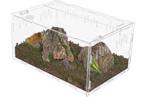 aleawol Extra Large Reptile Feeding Box 38x25x19cm, Transparent Acrylic Terrarium Reptile Habitat Breeding Box Insect Feeding with Vents Anti-Escape Design for Pet Snake Lizard Spider Frog