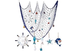 MEIYIFAN 2m x 1,5m Rete da Pesca Decorazione della Parete Stile Mediterraneo Nautico,23CM Timone Barca in Legno Decorazione da Spiaggia a Tema Nautico Oggetto Decorativo da Parete per la casa