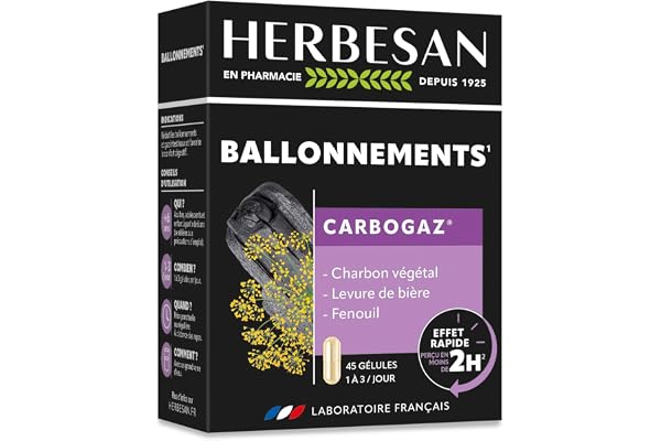HERBESAN®-CARBOGAZ - Ballonements - Charbon végétal, Levure de Bière, Fenouil - Fabrication française - 45 gélules