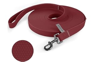 Wolfone 15m Dark Red Waterproof Long Recall Dog Lead with Anti-Slip Handle， Heavy Duty Robust Training Dog Lead for Outdoor Activities