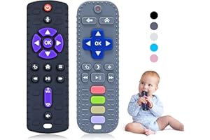 Orzbow Silikonowy pierścień na ząbkowanie dla niemowląt, 2 sztuki, pilot zdalnego sterowania, zabawka do ząbkowania dla niemowląt z zapięciem na smoczek i wysuwanymi guzikami, zestaw miękkich