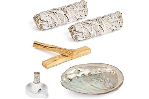 Set med 2 vit salvia och 2 Palo Santo Premium Kalifornien av abalonskal, 100 % kontrollerad och hållbar odling, rökkit elimin