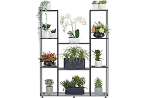 HUSFITLY Blumenständer Metall, 4 Etagen 11 Töpfe Pflanzenständer Innen Draußen, Wasserdichter Blumenregal Pflanzenregal, Mehrstöckig Blumentreppe für Garten Balkon Wohnzimmer Hof, Schwarz