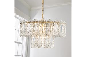 ‎SM SAINT MOSSI Saint Mossi Kristall Kronleuchter, Vintage-Hängelampe, mit 4 Lichtern, 46 x 25 cm, 2-stöckiger Glasschirm und Messing-Finish