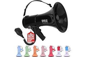 Pyle Megafono Portatile 50 Watt, Sirena Automatica, Megafono Volume Regolabile, Portata Fino a 1100 m², Ingresso Aux, Voce, Sirena, Musica, Fischio, Registrazione, Tracolla