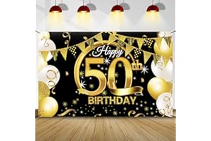 BLUELVES 50 Geburtstag Dekoration Schwarz Gold, 50 Geburtstag Banner, 50 Geburtstag Party Dekor für Frau Mann, 50 Jahrestag Hintergrund Banner, Extra Große Stoff Schild Poster zum 50, Geburtstag Party Deko