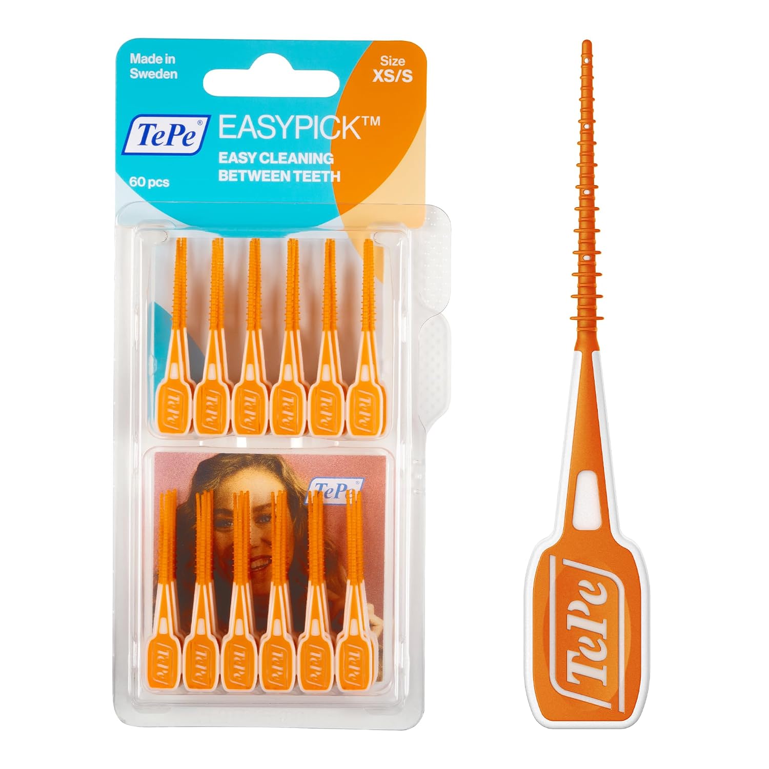 TePe EasyPick Tandenstokers, Oranje, Maat XS-S, 60st | Tandplakverwijderaar, Effectieve en gemakkelijke reiniging tussen de tanden, Tandenstokers voor smalle tussenruimtes