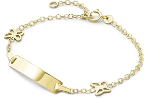 MIORE Kids pulsera infantil con placa para nombre y 3 mariposas en oro amarillo 375, longitud 14 cm (12 cm + 2 cm de extensión)