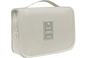 ANNCHILIO Neceser Viaje Colgante, Bolsa de Aseo Mujer Grande con Gancho, Plegable Neceser Viaje Mujer, Impermeable Estuche de Maquillaje, Beige