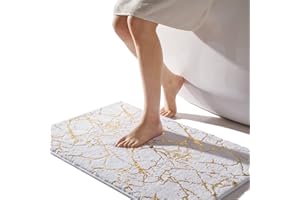 QJHOMO White Bath Mat 50 x 80 cm Bathroom Mat Non Slip Bath Mats Gold Stripes Marble Rug Absorbent Microfiber Bathroom Rug Machine Washable Floor Carpet for Shower, Living Room, Bedroom