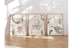 MeinBaby123® Lot de 3 images du monde sous-marin pour chambre d'enfant - Format A4 - Baleine, méduse, tortue - Décoration pour chambre d'enfant - Cadeau de naissance (monde sous-marin V7)