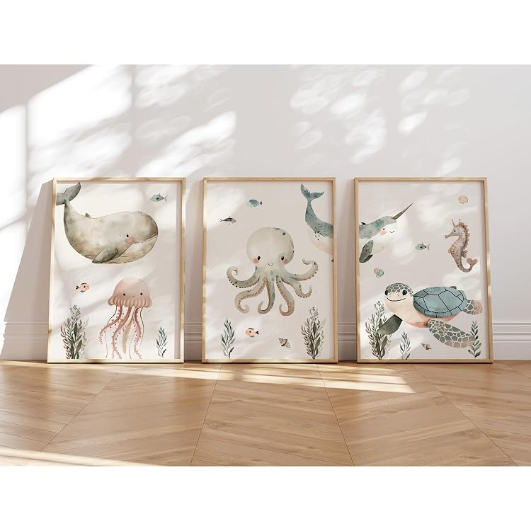 HOMEOART Leinwand-Bild-Set – 3 Meerestiere: Schildkröte, Seepferdchen & Qualle, 30,5 X 40,6 Cm, Fertig Gerahmt