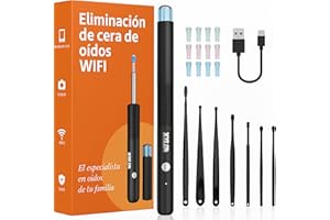 Xylla Otoscopio Limpiador de Oidos Cera 3,5mm-Endoscopio con WiFi 1920P Camara y 6 LED con 12 Orejeras de Silicona +8 Herramientas Profesionales,Ear Cleaner IP67 Impermeable para iOS/Android (Negro)