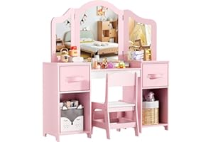 MAMIZO Kids Dressing Table and Chair Set, Children Vanity Tables with Tri-Folding Mirror, 2PCS Fabric Drawers, Children Study Desk with Stool for Bedroom Playroom, Girls Makeup Dresser, Pink White