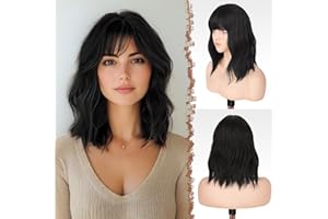‎FESHFEN FESHFEN Wellig Bob Perücke mit Pony, Schwarz Braun Schulterlänge Perücken für Damen Frauen Synthetik Kunsthaar Wavy Haarperücke für Damen Alltag Karneval Fasching 35cm