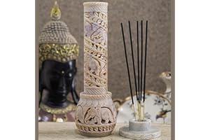 Carry Me Hand Carved Soapstone Incense Stick Holder | Candle Burner | Tea Light Stand. Elephant Jaali Carving Bottle Shape. Decorative Home and Kitchen Decor - (3x3x10.5 Inches)