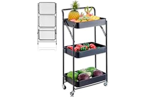 K AKTUAL Carrito Cocina Plegable, Camarera Plegable con Ruedas. Carro Organizador almacenaje 45x30x87cm. Ideal para baño, Cocina, Oficina, estética. Color Negro.
