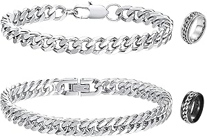 FCXQG 2 Pcs Bracciale Uomo a Catena Cubana Grossa Robusta Bracciale Acciaio Bracciale Uomo Argento Bracciale Catena Uomo Bracciali Uomo Acciaio Inox Catenina Uomo Set Bracciali Con 2 Anello