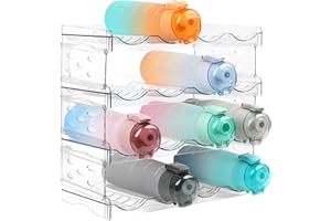 Qidordour Water Bottle Organiser for Cabinet, Water Bottle Storage Organizer, 4 Packs Stackable Water Bottle Storage Rack for Cupboard/Fridge/Pantry, Clear Plastic Wine Rack 16 Water Bottle Holder