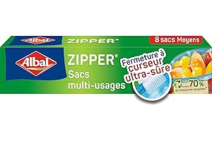 Albal - 8 Sacs multi-usages Zipper - Moyen Modèle 3L - Pour conserver, congeler, ranger ou transporter - Fermeture à curseur - Réutilisable