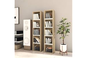 Festnjght 2X Estantería para CDs con 5 Compartimentos Soporte para CDs Estantería de Pared Aglomerado Blanco y Roble Sonoma 21x16x93,5 cm