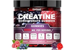 GOVIXED Gomitas de Creatina Monohidrato, 8000mg por Porción, Sin Azúcar, 120 Unidades, con BCAA, L-Carnitina, Taurina, B6, B12, Sabor Frambuesa y Arándanos
