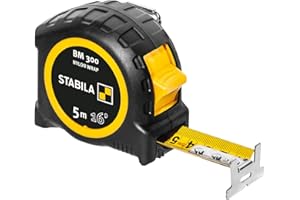 STABILA Taschenbandmaß BM 300, 5 m (16'), Maßband mit doppelseitiger cm/inch-Skala, bruchsicheres PC/ABS-Gehäuse, SPIKES-Haken, Stahlband mit NYLON-WRAP-Ummantelung, Gürtel-Clip, MID-Genauigkeit