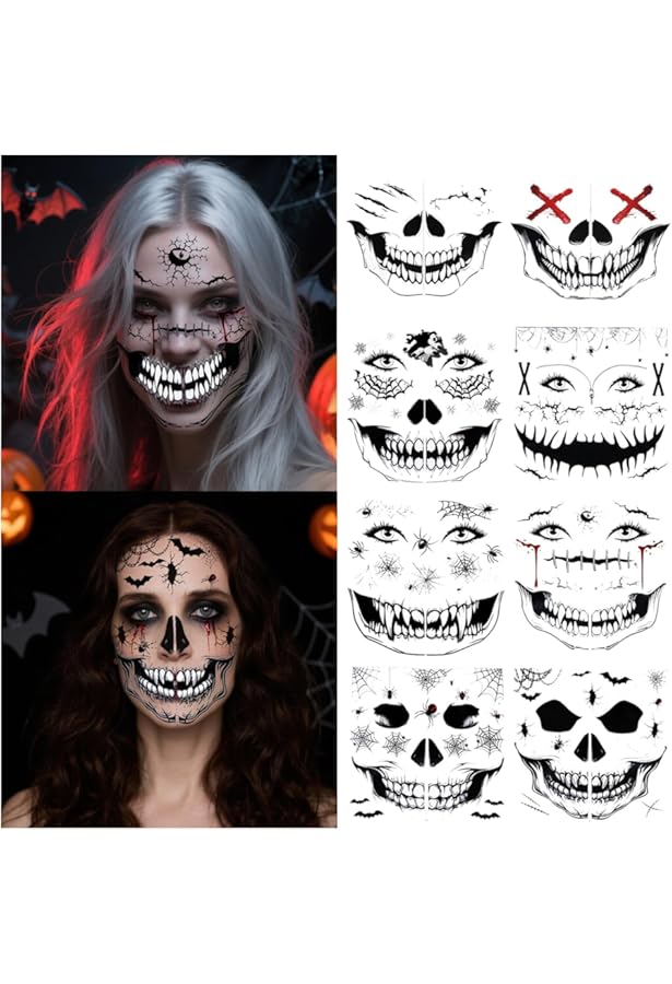 DPKOW Halloween Tatouages Temporaires Zombie Maquillage Accessoires, 20 Feuilles Halloween Zombie Tatouage Ephemere Grande Bouche Tatouages Cicatrices Plaie Sanglante Halloween Costume Party Supplies