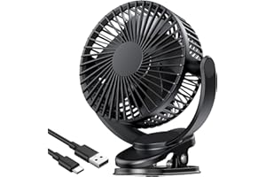 ATEngeus ventilateur Pince USB 5 inch avec batterie 5000 mAh, Portable Petit Ventilateur de Bureau, 3 vitesses, double rotation à 360°, avec câble USB, convient pour les familles, les bureaux