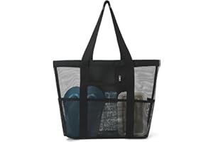 L0FAMY Mesh Beach Bags, Foldable Beach Bag For Women With Zip, Large Tote Waterproof Sandproof Pool Bag With Zipper, Black Lightweight Swimming Handbag For Gym School Shopping Travel Daily Use Black Net Bags