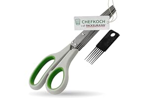 Chefkoch trifft Fackelmann Kräuterschere mit 10 scharfen Edelstahlklingen – Inkl. Bürste & Softgrip-Einsätzen – Ideal zum Zerkleinern von Kräutern – Grau/Grün & Schwarz