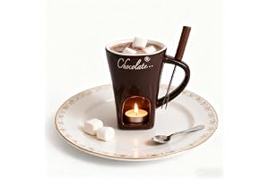 Chocolate Fondue Mug, Ceramic Melting Pot with Fork, Personal Tealight-Heated Chocolate & Cheese Warmer, Dishwasher-Safe, 200