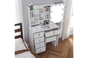 Buildonely Schminktisch mit LED-Beleuchtung, 3 Farbtemperaturen und Einstellbarer Helligkeit, 4 Ablagen, 6 Schubladens, Modern, Weiß, 1 Hocker, 36x80x131cm, SH1905BA909