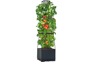 REAWOW 3 Tiers Tomato Planting Box with Trellis, Self Suction Indoor Raised Garden Bed for Small Climbing Plants & Vegetables, 45” Adjustable Height Plastic Vine Indoor Tomato Pots with Cage