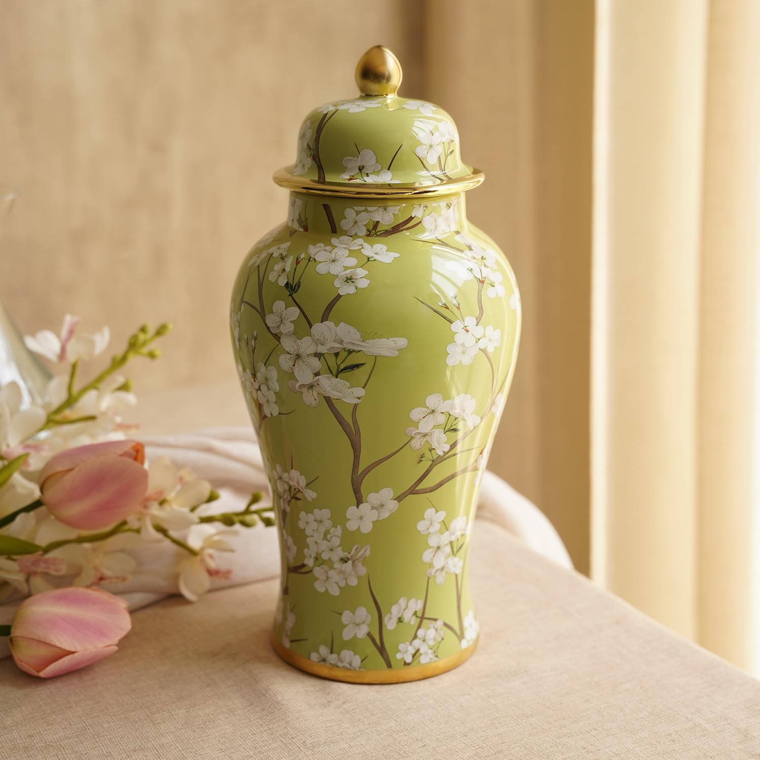 Pure Home + Living Green and White Floral Print Ceramic Urn with Lid - Small