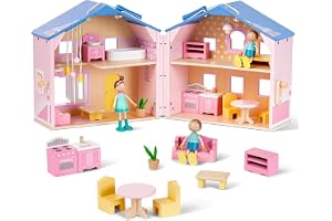 Utsökt Rosa Dockhus I Trä Med Dockor Möbeltillbehör Vikbar | Bärbar Gåva Barn 3+ Storlek 30x25x30 Cm Flickor Pojkar Rollspel
