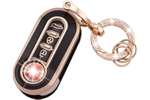 Koaudb Coque de Protection pour clé de Voiture Compatible avec Fiat 500 500L Brava Bravo Fiorino Punto Panda Qubo Stilo Lancia 3 Boutons Pliable avec Porte-clés Noir Or (R-Fia-B)