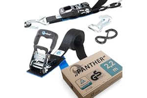valonic Panther - 2X 2,25m cincha de Amarre con trinquete para Motos, 38mm, 650/1300 Kg, Acolchado, Certificado TÜV Rheinl/GS, EN 12195-2 - Distancia de tensado Corta, para remolques