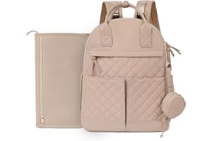 MISS FONG Baby Changing Bags，Large Nappy Changing Bags,Wide Opening Changing Bag Backpack,Travel Baby Bags with Foldable Changing Mat, Stroller Straps, Pacifier Case for Moms and Dads,Sand