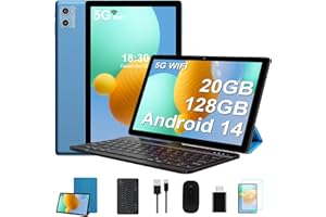 SUAAT 2024 Nouvelle Tablette 10 Pouces Android 14 avec 20Go RAM + 128Go ROM (1To TF Extensible), 5G WiFi, 8Cœurs,WiFi 6, GMS Certified Widevine L1, Tablette Tactile avec Etui| Clavier| Souris -Bleu