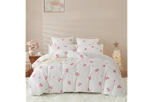 Covebett Flanell Bettwäsche 135x200 Weiß mit Rosa Schleifen Herzen Winter Warm Plüsch Biber Winterbettwäsche Flauschig Cashmere Touch Kawaii Bettbezug Reißverschluss und 1 Kissenbezug 80x80cm