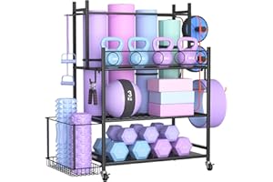 ‎YEABETT Yeabett Hantelständer, Heavy-Duty Fitness-Equipment-Organizer mit 4 Rädern & 6 Haken, Kurzhantel Regal für Home-Gym - Lagert Kettlebells, Yogamatten, Widerstandsbänder