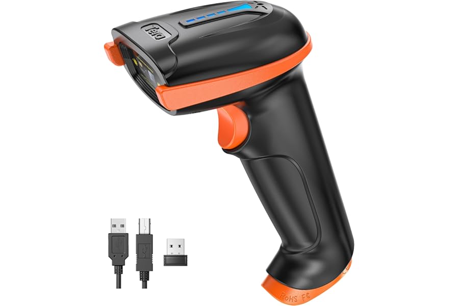 Tera Barcode Scanner Wireless with Battery Level Indicator Rechargeable 1D Laser Barcode Reader 2000mAh Battery Design Patent: EU008489413 Model 5100 Orange