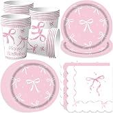 Bikasun Pink Bow Party Tableware Set Birthday Plates Set Princess Tableware Napkins Paper Plates for Girls Women Kids Birthda