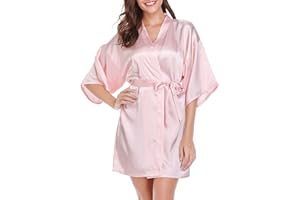 Vlazom Womens Kimono Robes Dressing Gown Satin Bathrobe Nightdress Short Style Bridal Robe with Oblique V-Neck