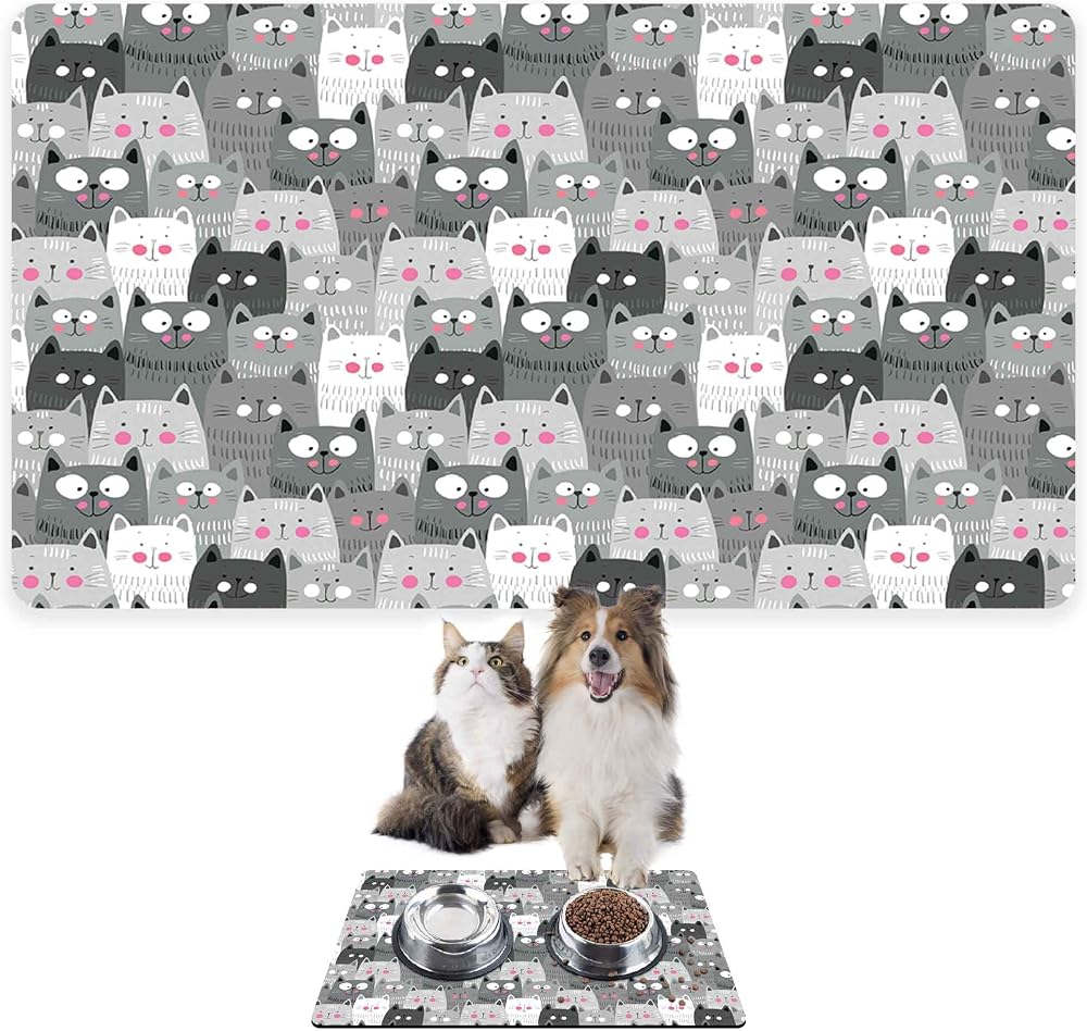 Monnhein Mama ve Su Evcil Hayvan Beslenme Matı, Kolay Temizlenen Emici Su Geçirmez Kumaş, Küçük Orta Boy ve Büyük Kedi ve Köpekler için Dayanıklı Köpek Kedi Paspas (40x60, Gri Kediler)