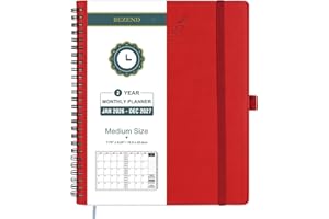 BEZEND Month to View Diary 2026-2027 with Notes (Jan 26 - Dec 27), Monthly Planner 23.4 x 19.6cm - 120 GSM Thick Paper, 2 Year Spiral Calendar with Tabs & Storage Pockets, Soft Cover, Red
