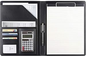 Podazz A4 Blocco Note, cartella file in pelle PU, con coperchio, cartella conferenza Legal Lock manager Folio A4, con 4 scomparti (Nero)